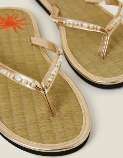 Accessorize Sun Embroidered Seagrass Flip Flops Gold