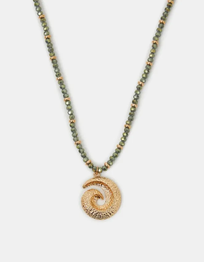 Accessorize Swirl Pendant Beaded Necklace Green