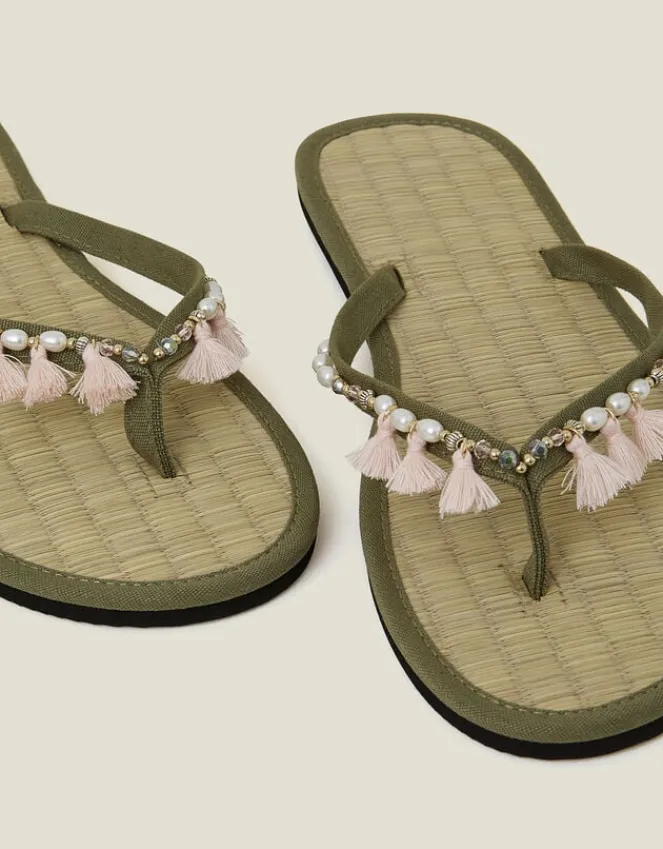 Accessorize Tassel Seagrass Footbed Flip Flops Green