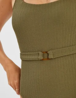Accessorize Texture Belted Swimsuit Green