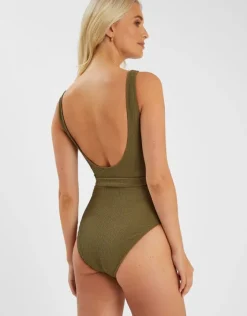 Accessorize Texture Belted Swimsuit Green
