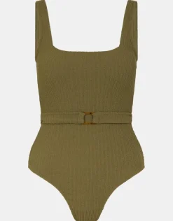 Accessorize Texture Belted Swimsuit Green