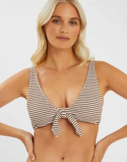 Accessorize Textured Stripe Tie Front Bikini Top Camel
