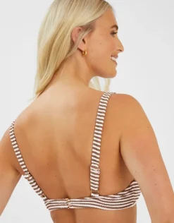 Accessorize Textured Stripe Tie Front Bikini Top Camel