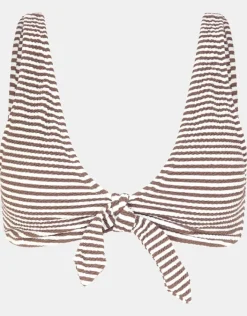 Accessorize Textured Stripe Tie Front Bikini Top Camel