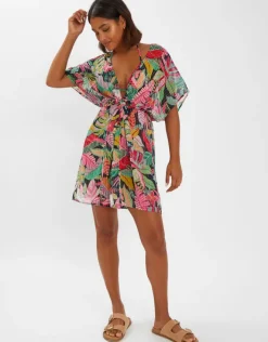 Accessorize Tropical Print Chiffon Kaftan Black