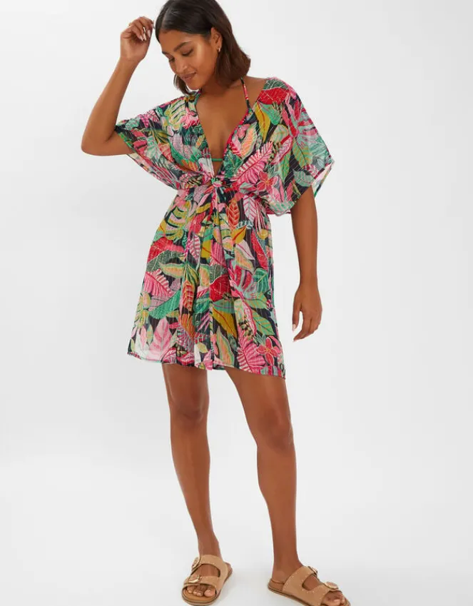 Accessorize Tropical Print Chiffon Kaftan Black