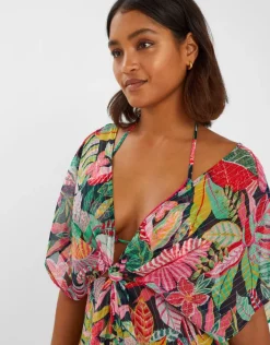 Accessorize Tropical Print Chiffon Kaftan Black