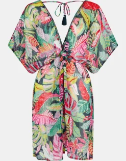 Accessorize Tropical Print Chiffon Kaftan Black