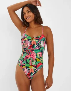 Accessorize Tropical Print V Insert Swimsuit Black