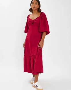 Accessorize Twist Puff-Sleeve Midi Dress Red