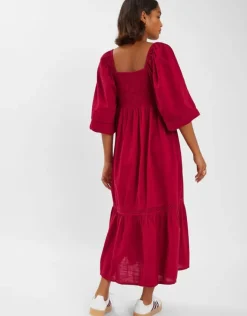 Accessorize Twist Puff-Sleeve Midi Dress Red