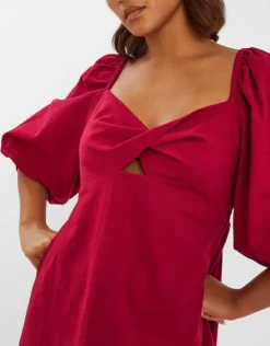 Accessorize Twist Puff-Sleeve Midi Dress Red
