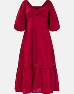Accessorize Twist Puff-Sleeve Midi Dress Red