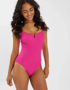 Accessorize V-Front Textured Swimsuit Pink