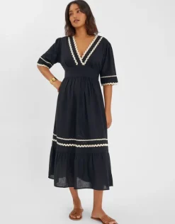 Accessorize V-Neck Ric Rac Midi Dress Black