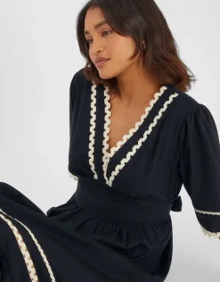 Accessorize V-Neck Ric Rac Midi Dress Black