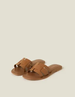 Accessorize Wide Fit Leather Geometric Slide Sandals Tan