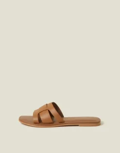 Accessorize Wide Fit Leather Geometric Slide Sandals Tan