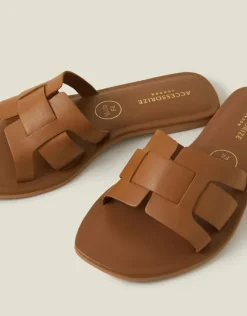 Accessorize Wide Fit Leather Geometric Slide Sandals Tan