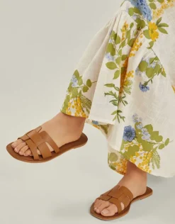 Accessorize Wide Fit Leather Geometric Slide Sandals Tan