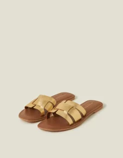 Accessorize Wide Fit Metallic Leather Cut-Out Slide Sandals Gold