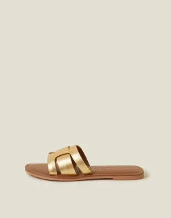 Accessorize Wide Fit Metallic Leather Cut-Out Slide Sandals Gold