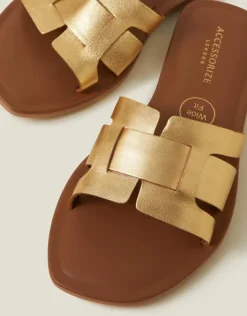 Accessorize Wide Fit Metallic Leather Cut-Out Slide Sandals Gold
