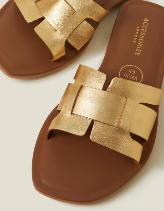 Accessorize Wide Fit Metallic Leather Cut-Out Slide Sandals Gold