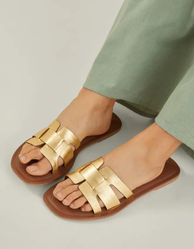 Accessorize Wide Fit Metallic Leather Cut-Out Slide Sandals Gold