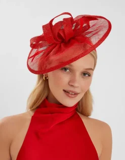 Accessorize Woven Bow Feather Disc Fascinator Red