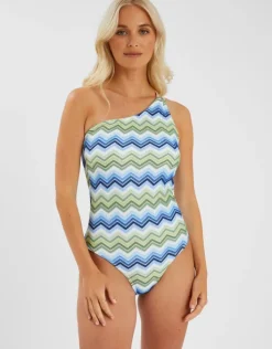 Accessorize Zig Zag Crochet One Shoulder Swimsuit Blue